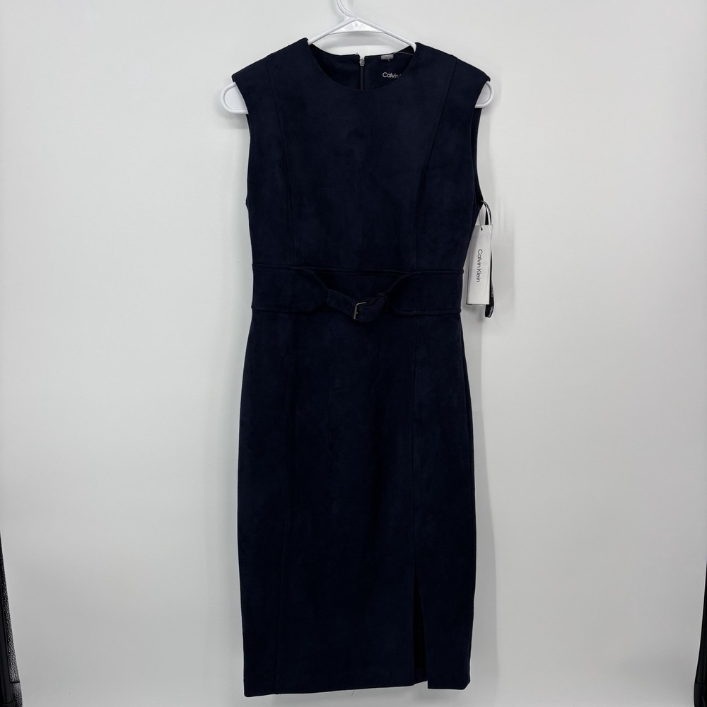 Calvin Klein Navy Blue Suede Sheath Belted Dress Women's Size 2  Work Career New